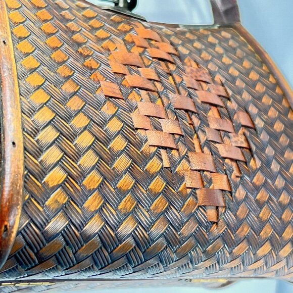 Vintage Wooden & Woven Leather Handbag Purse Brass Latch Hinges Straps - Picture 3 of 16